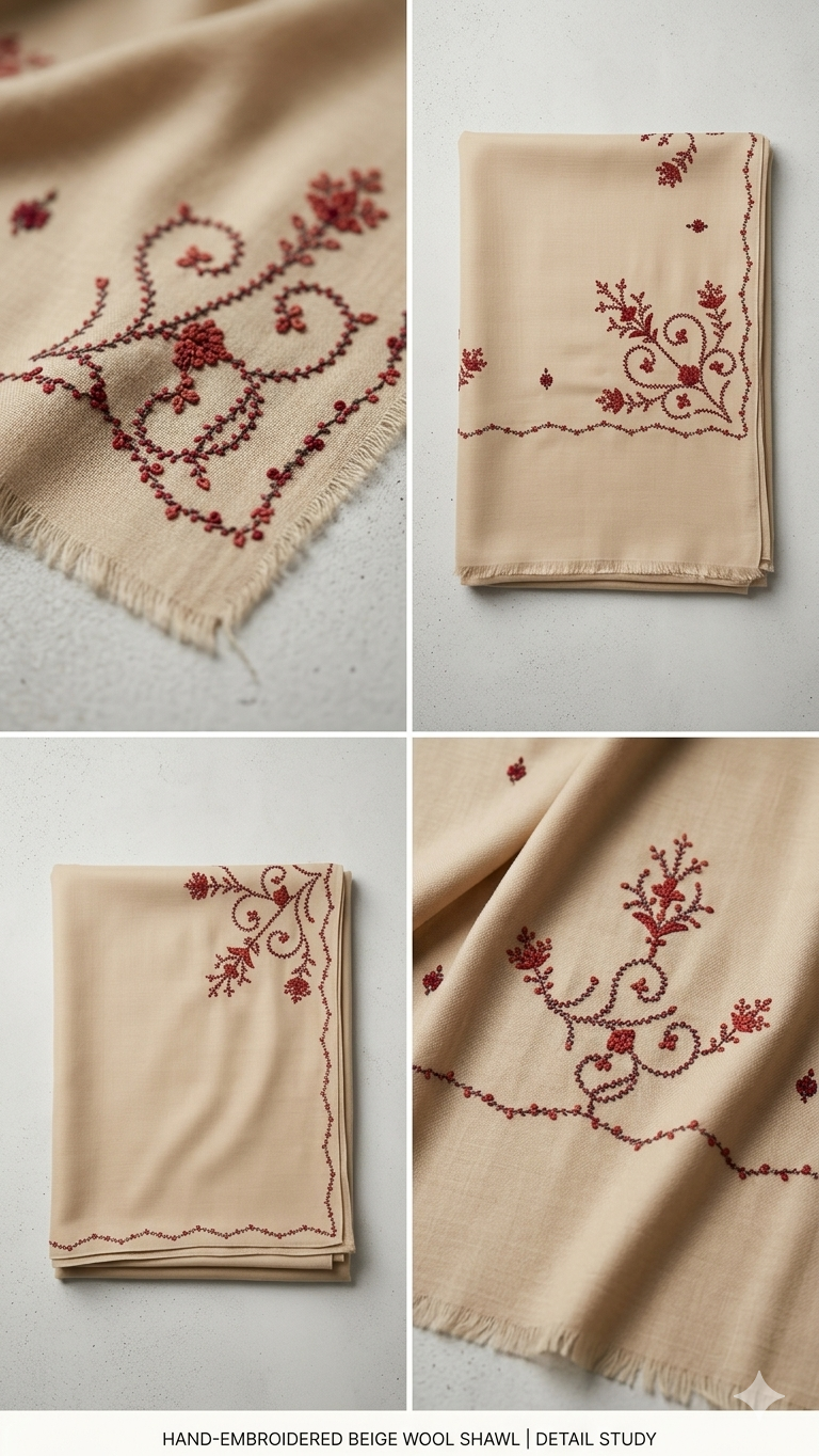 Heritage Bloom: Hand-Embroidered Beige Pashmina Shawl