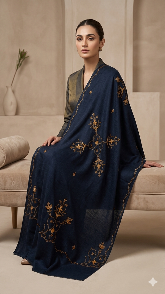 Heritage Bloom: Hand-Embroidered Black Pashmina Shawl