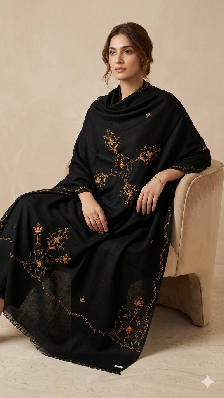 Heritage Bloom: Hand-Embroidered Black Pashmina Shawl