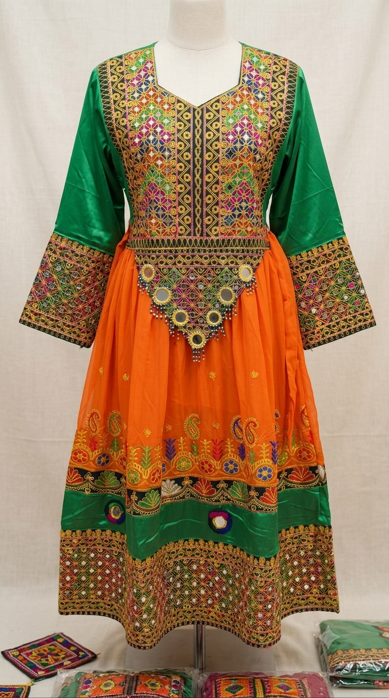 Traditional Pakistani Embroidered Afghani & Balochi Frock & Dupatta Set