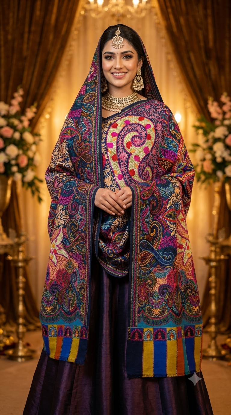 Qalamkaar Pure Pashmina Chain-Stitch Shawl