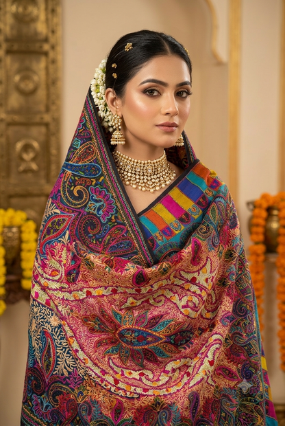 Qalamkaar Pure Pashmina Chain-Stitch Shawl