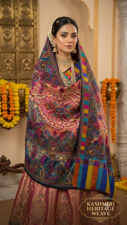 Qalamkaar Pure Pashmina Chain-Stitch Shawl