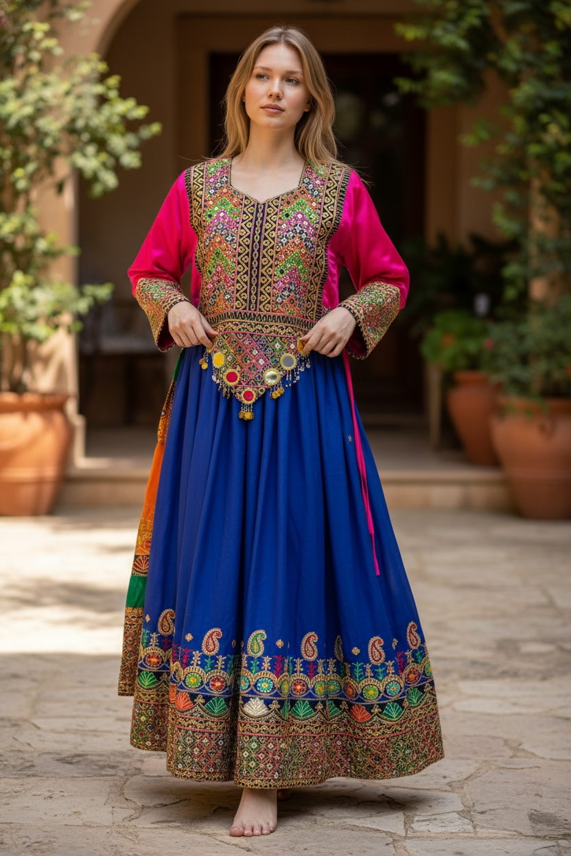 Traditional Pakistani Embroidered Afghani & Balochi Frock & Dupatta Set