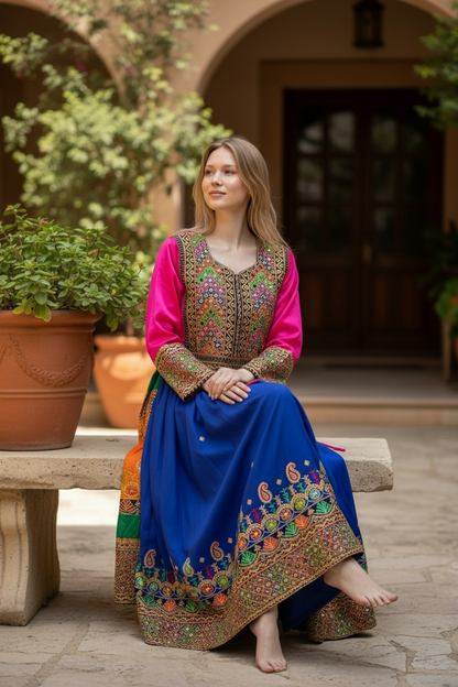 Traditional Pakistani Embroidered Afghani & Balochi Frock & Dupatta Set