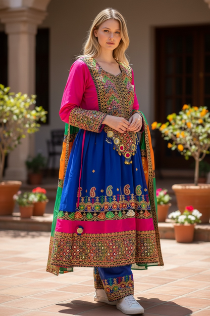 Traditional Pakistani Embroidered Afghani & Balochi Frock & Dupatta Set