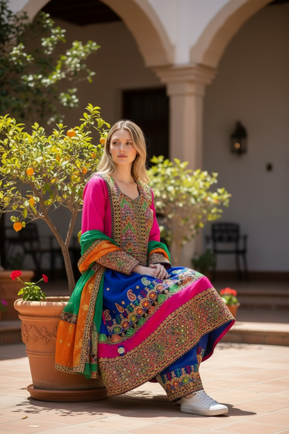 Traditional Pakistani Embroidered Afghani & Balochi Frock & Dupatta Set
