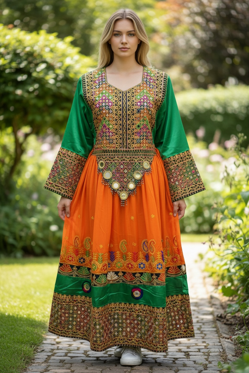 Traditional Pakistani Embroidered Afghani & Balochi Frock & Dupatta Set