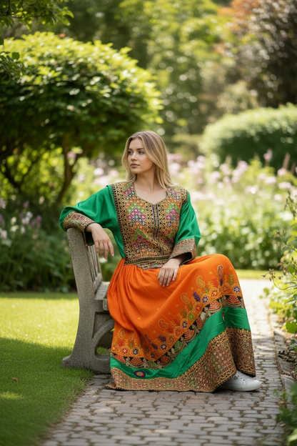 Traditional Pakistani Embroidered Afghani & Balochi Frock & Dupatta Set