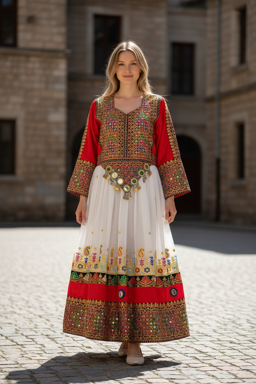 Traditional Pakistani Embroidered Afghani & Balochi Frock & Dupatta Set