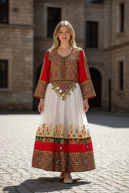 Traditional Pakistani Embroidered Afghani & Balochi Frock & Dupatta Set
