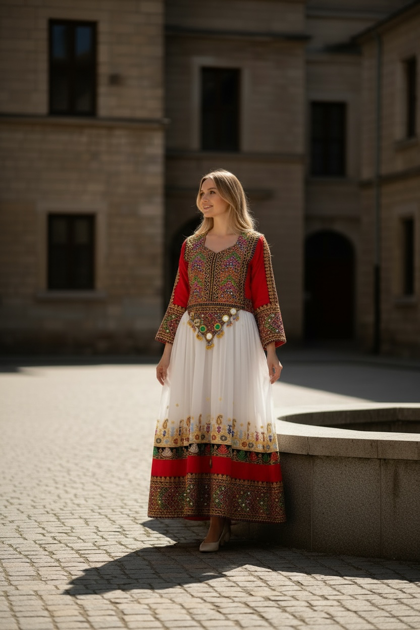 Traditional Pakistani Embroidered Afghani & Balochi Frock & Dupatta Set