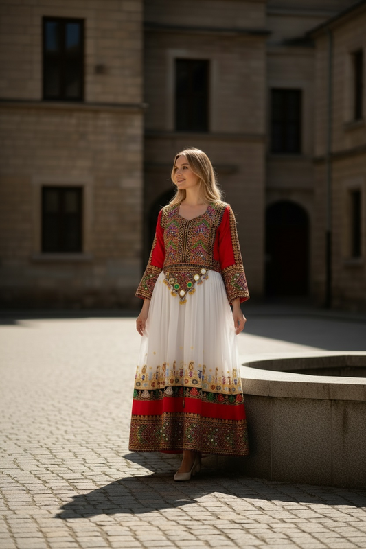 Traditional Pakistani Embroidered Afghani & Balochi Frock & Dupatta Set