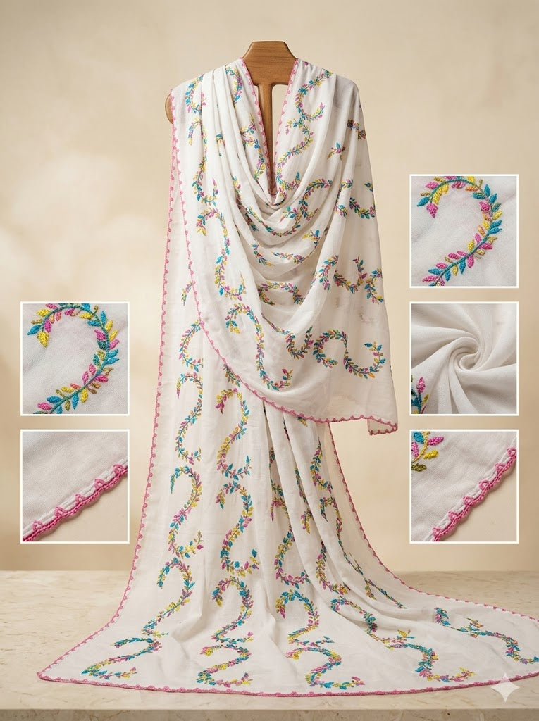 Swaticrafts Summer Elegance: Hand-Embroidered White Shawl